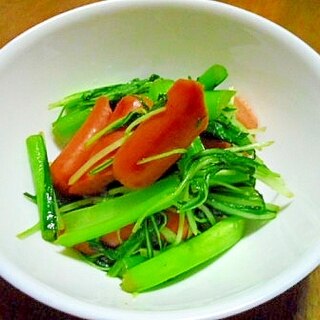 小松菜と水菜とウインナーの醤油炒め